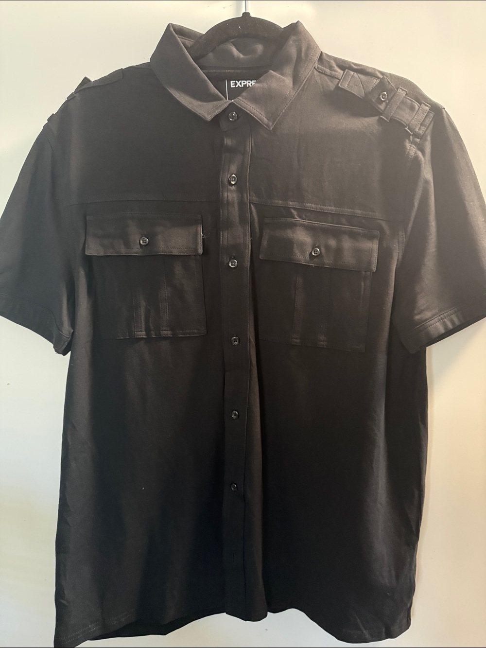 Express Black Short-Sleeve Utility Shirt with Chest Pockets